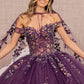 Purple_3 Off Shoulder 3-D Butterfly Sheer Bodice Quinceanera Dress with Long Mesh Cape - GL3171