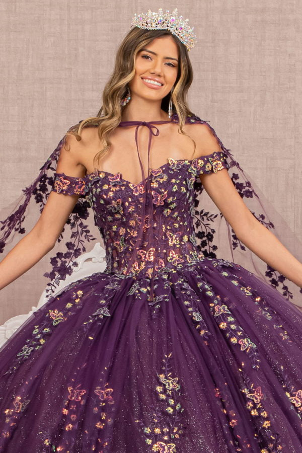 Purple_3 Off Shoulder 3-D Butterfly Sheer Bodice Quinceanera Dress with Long Mesh Cape - GL3171