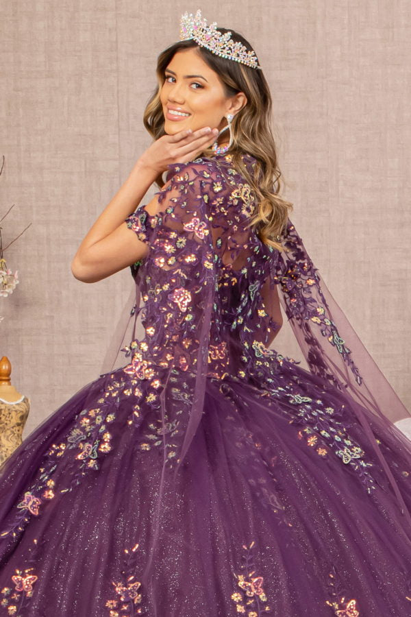Purple_4 Off Shoulder 3-D Butterfly Sheer Bodice Quinceanera Dress with Long Mesh Cape - GL3171