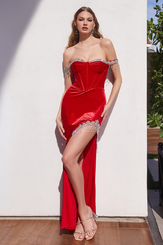 Red Embellished Velvet Corset Slit Gown CD292 - Women Evening Formal Gown - Special Occasion