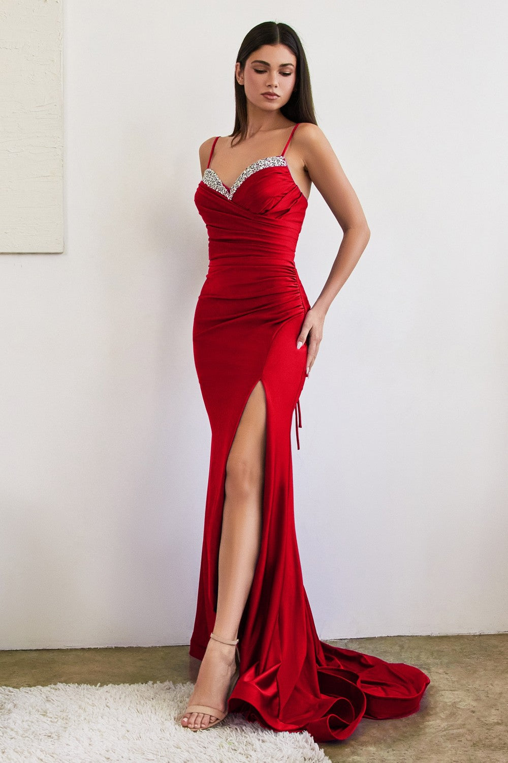 Red Fitted Satin Corset Slit Gown CD888 - Women Evening Formal Gown - Special Occasion