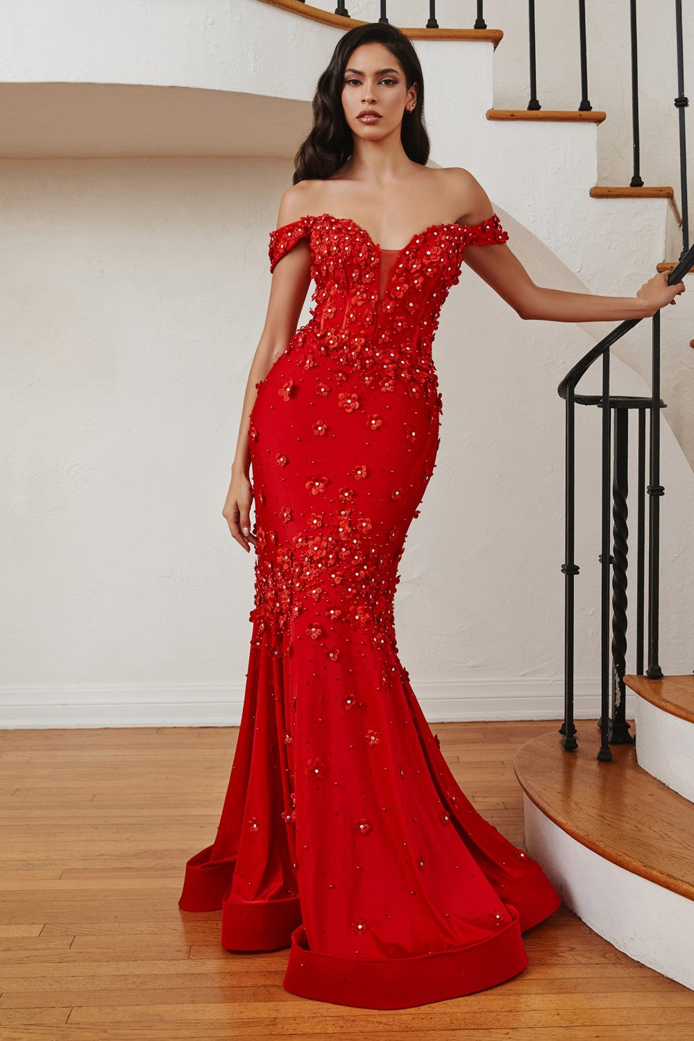 Red Floral Off The Shoulder Gown CC2171 - Women Evening Formal Gown - Special Occasion