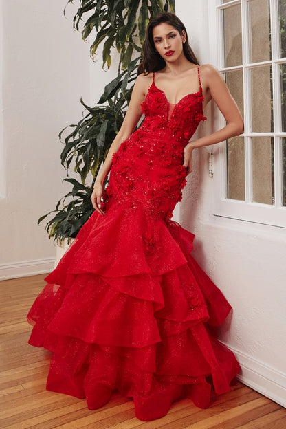 Red Floral Tiered Mermaid Gown CM329 - Women Evening Formal Gown - Special Occasion