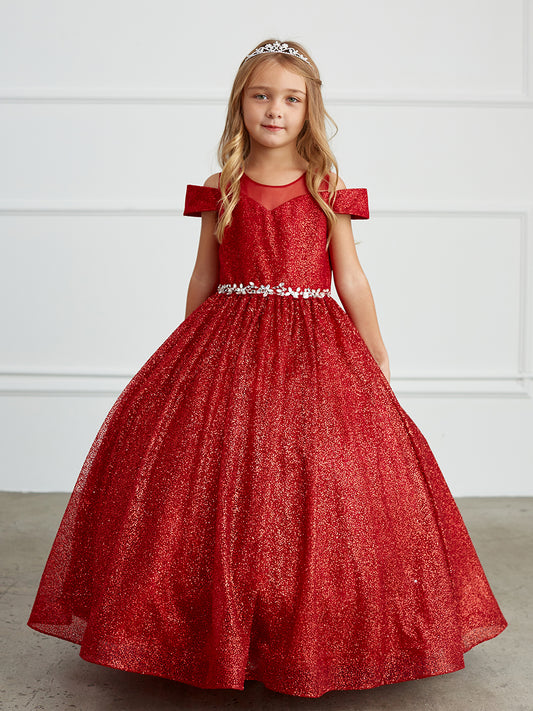 Red Girl Dress with Glitter Illusion Neckline - AS7029