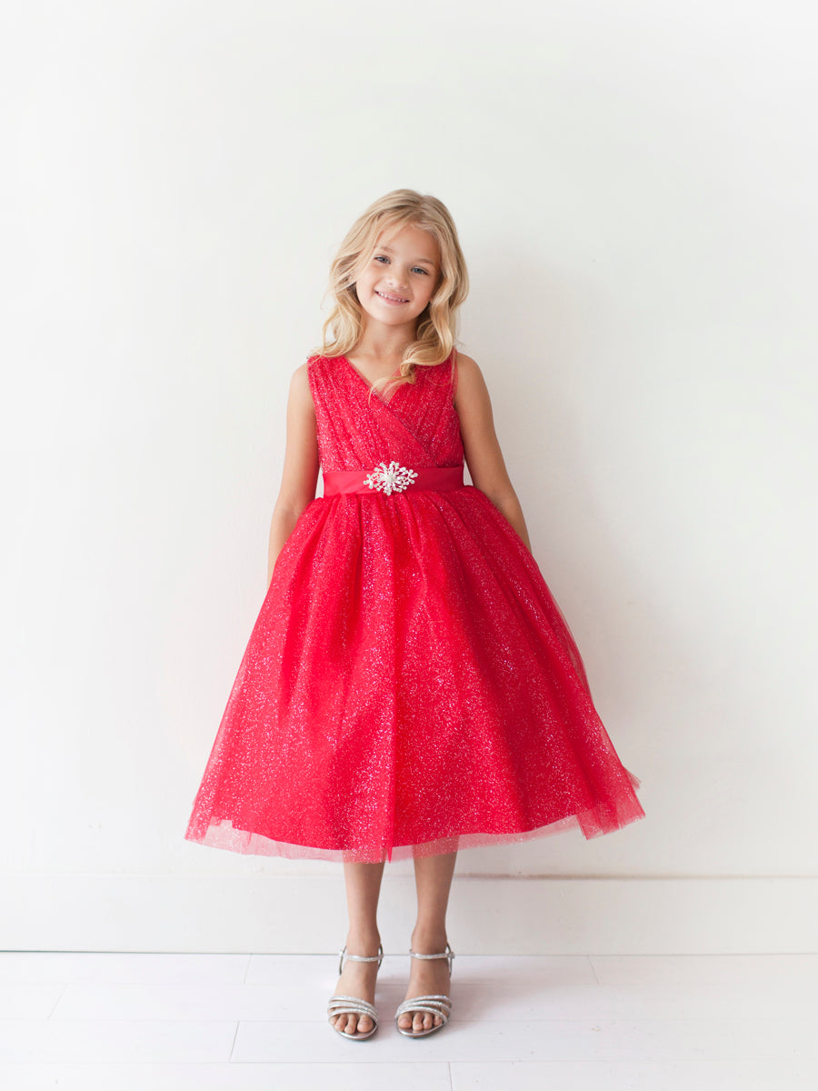 Red Girl Dress with Glitter V-Neck Tulle Dress - AS5698