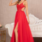 Red Illusion V-Neck A-Line Slit Women Formal Dress - GL3152 - Special Occasion-Curves