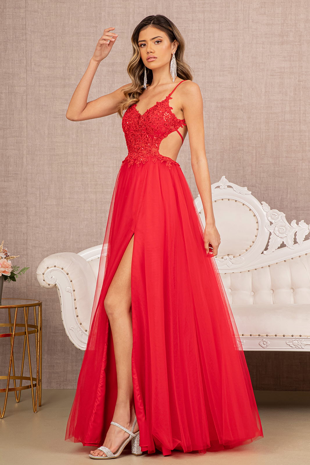 Red Illusion V-Neck A-Line Slit Women Formal Dress - GL3152 - Special Occasion-Curves