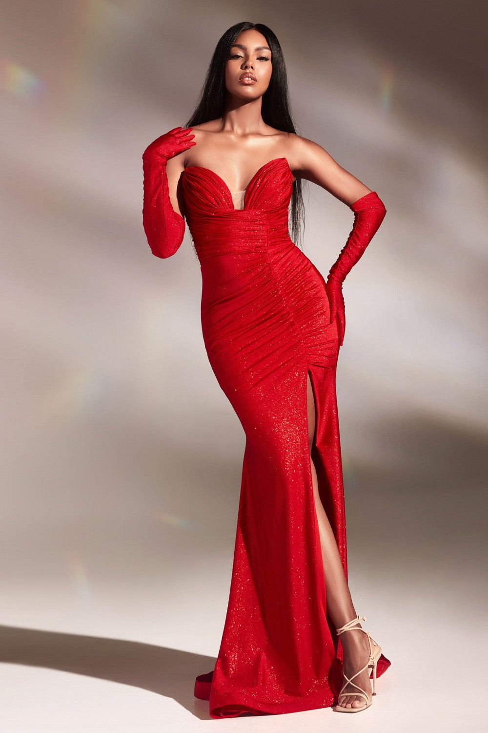 Red Strapless Stretch with Gloves Slit Gown CD889 - Women Evening Formal Gown - Special Occasion
