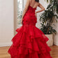 Red_1 Floral Tiered Mermaid Gown CM329 - Women Evening Formal Gown - Special Occasion