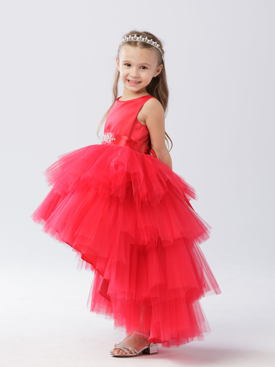 Red_1 Girl Dress with Ruffled Tulle High-Low Dress - AS5658