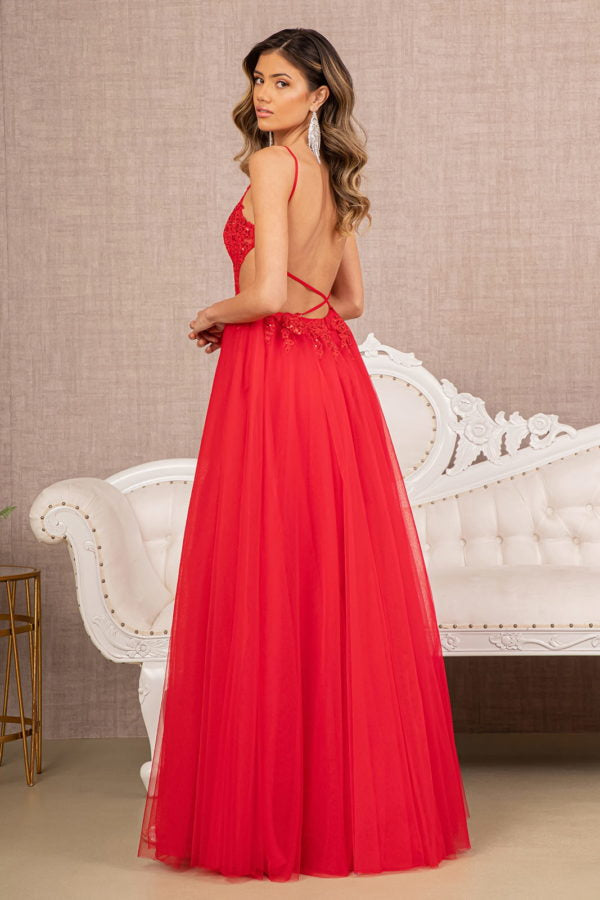 Red_1 Illusion V-Neck A-Line Slit Women Formal Dress - GL3152 - Special Occasion-Curves