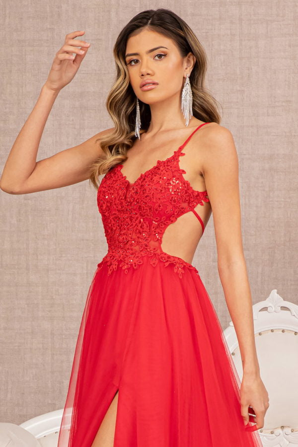 Red_2 Illusion V-Neck A-Line Slit Women Formal Dress - GL3152 - Special Occasion-Curves
