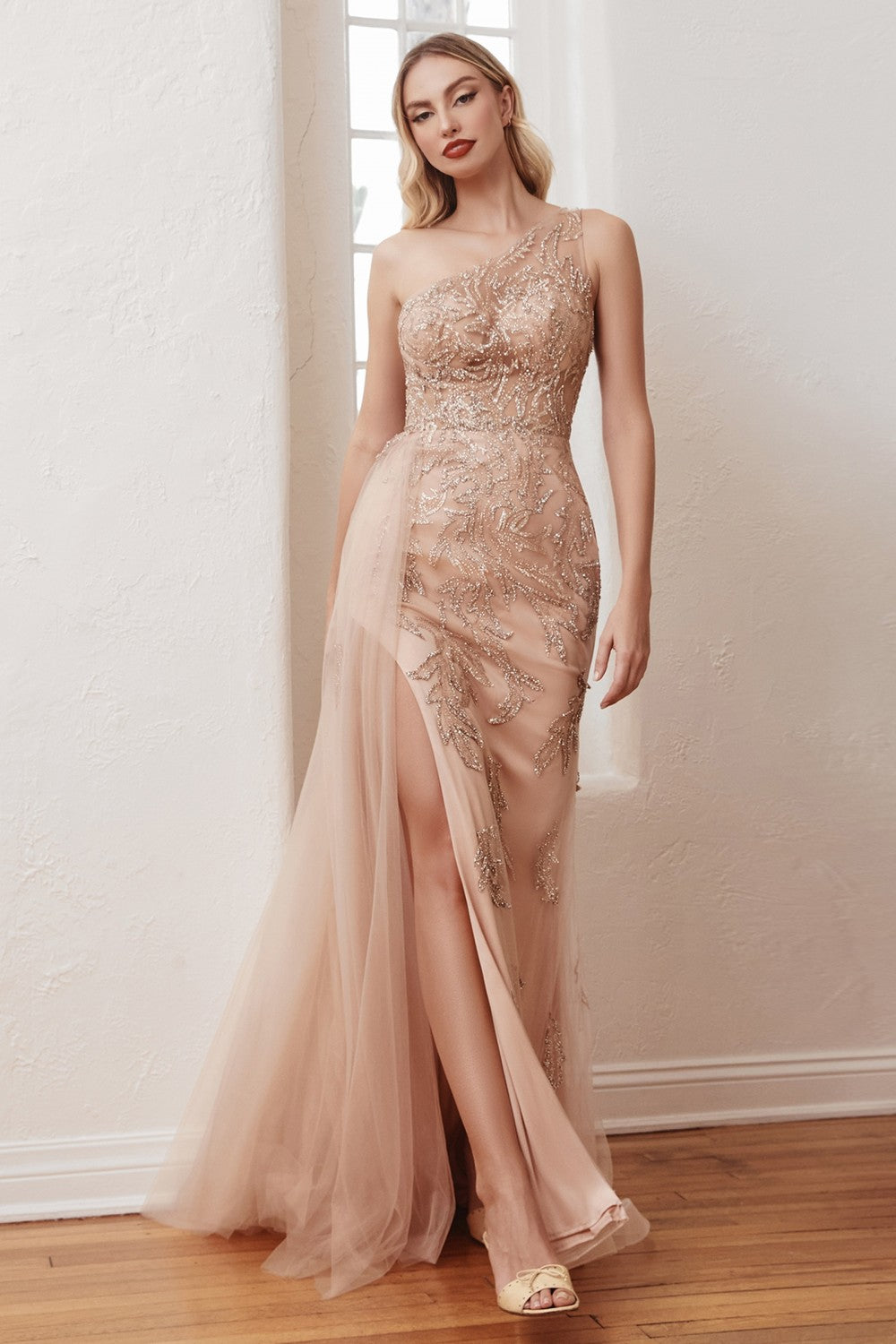 Rose-Gold Embellished One Shoulder Corset Slit Gown CB098 - Women Evening Formal Gown - Special Occasion