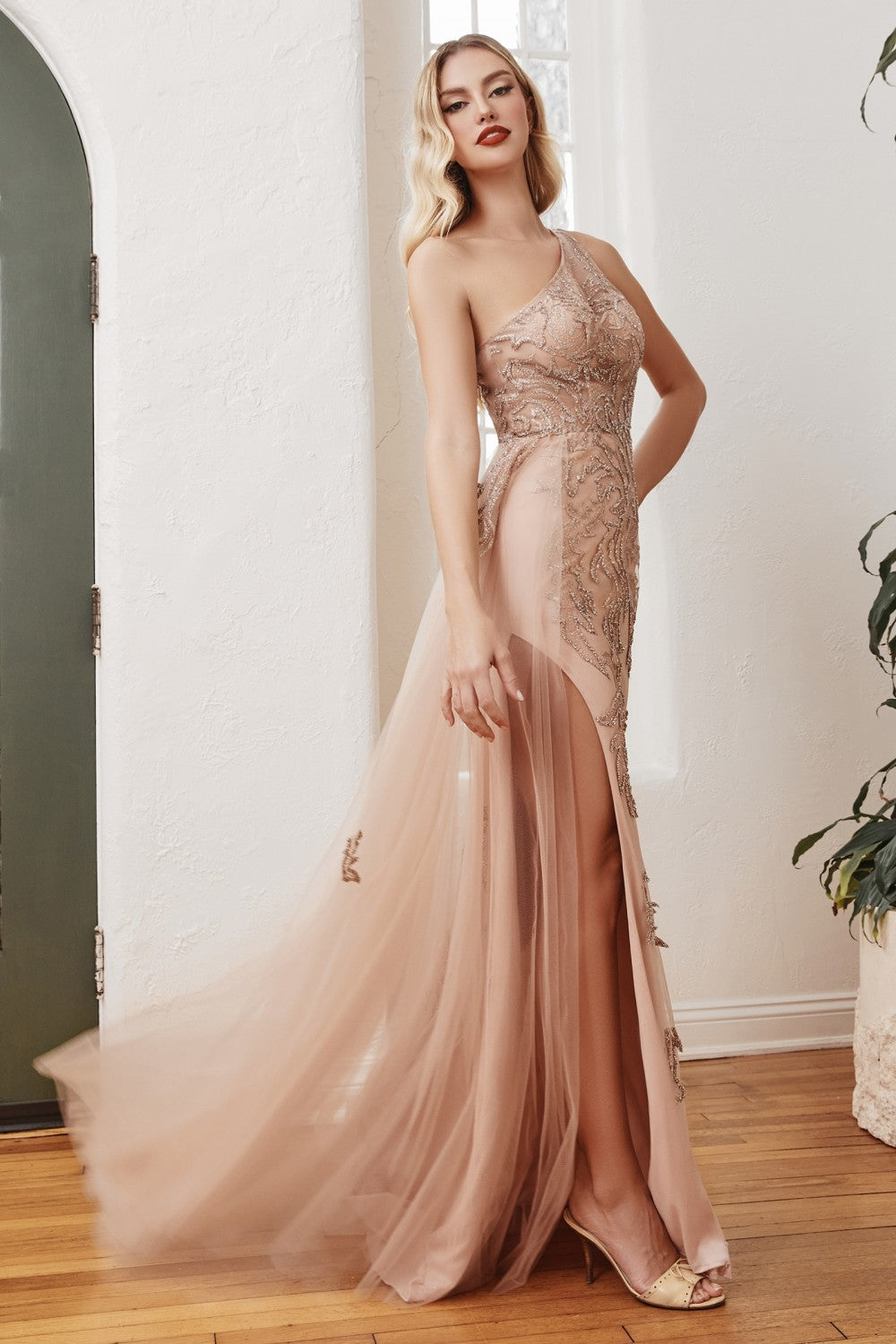 Rose-Gold_2 Embellished One Shoulder Corset Slit Gown CB098 - Women Evening Formal Gown - Special Occasion