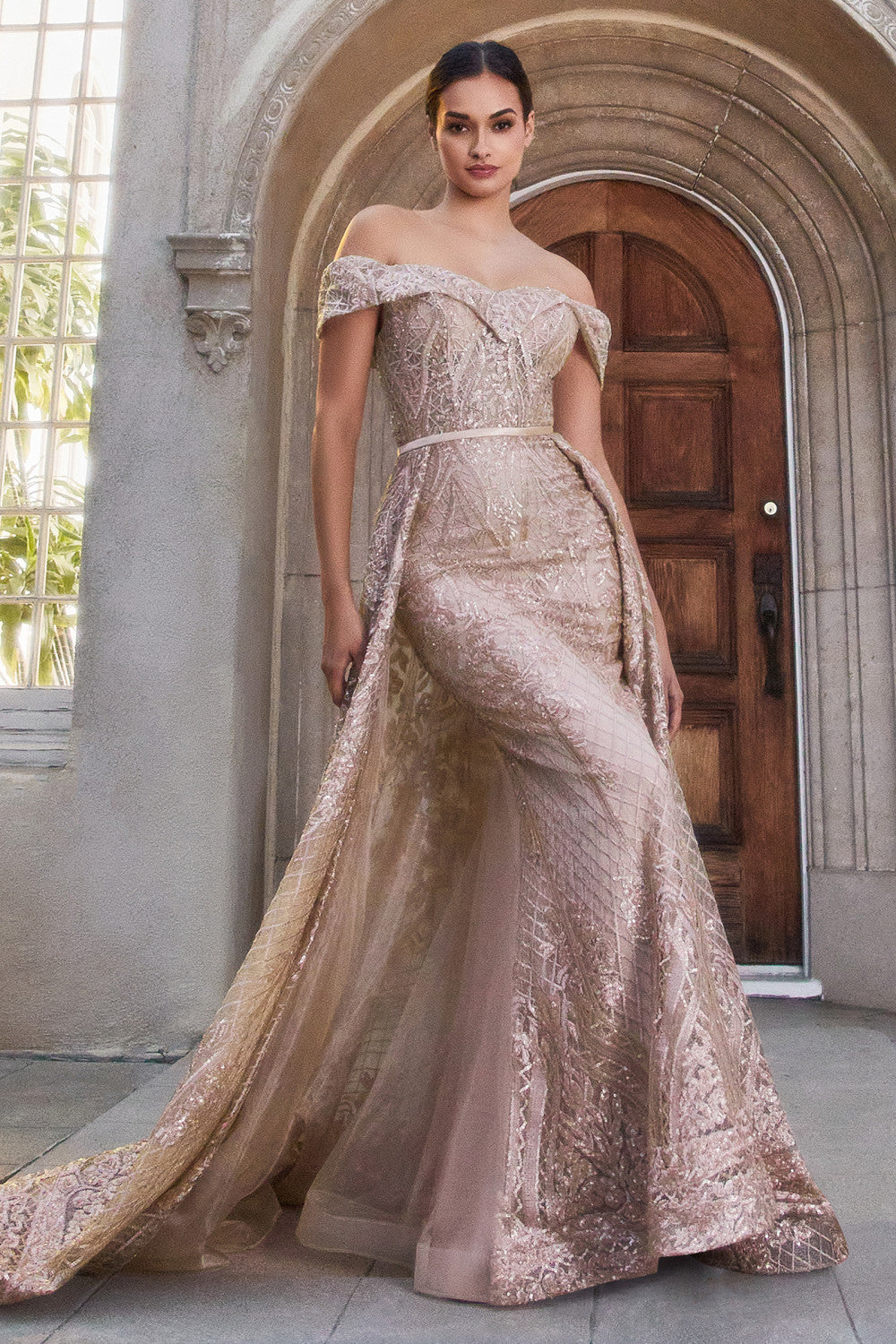 Rose-gold Off The Shoulder with Overskirt Gown A1200 Penelope Gown - Special Occasion-Curves