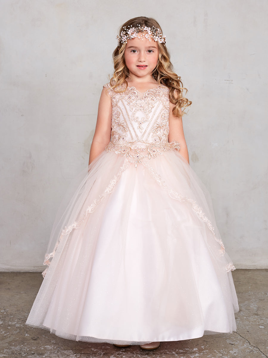 Rose Gold Girl Dress with Metallic Corded Lace Bodice - AS7028