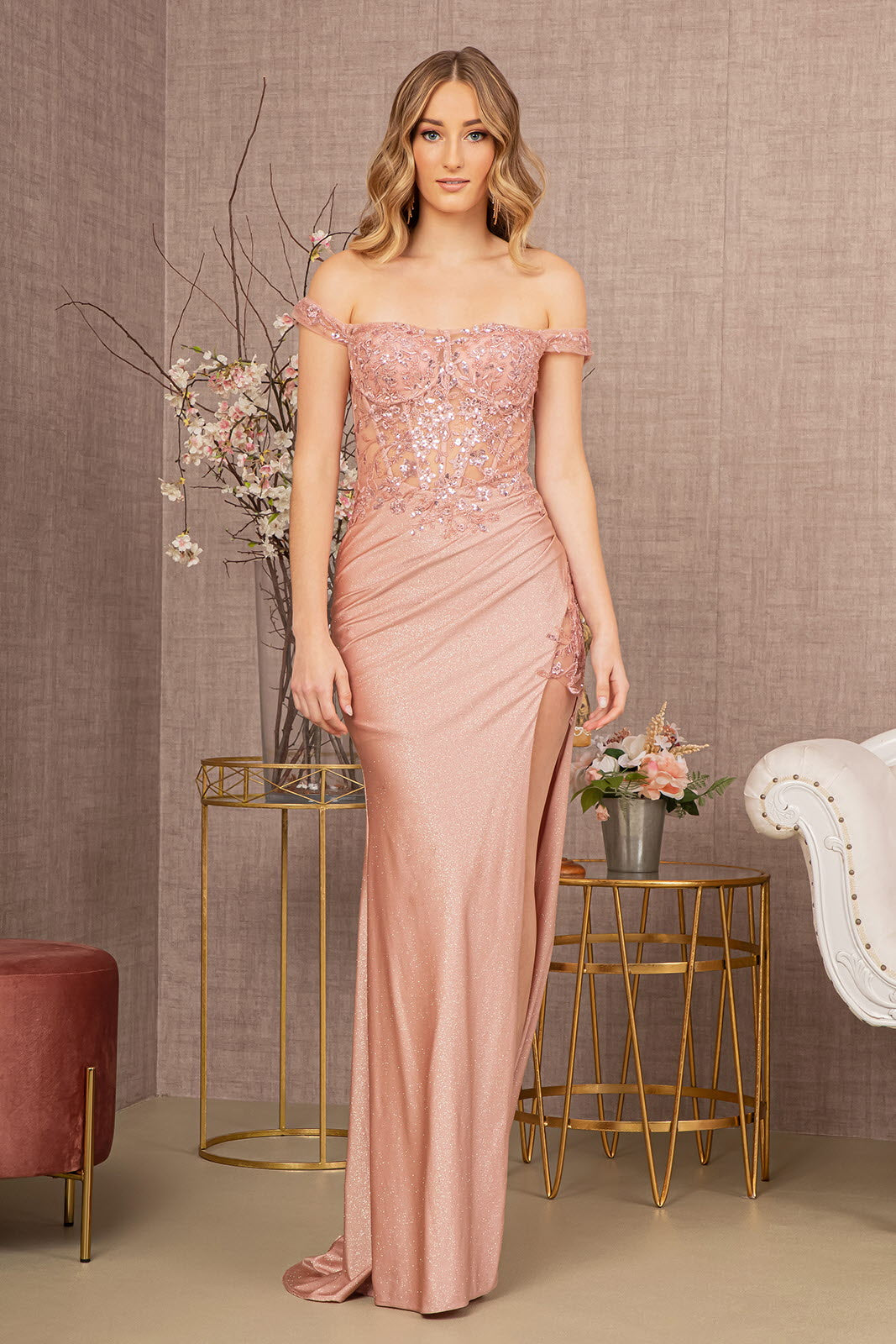 Off The Shoulder Glitter Bodice Mermaid Slit Gown Elizabeth K GL3162 -  Women Formal Dress- Special Occasion/Curves