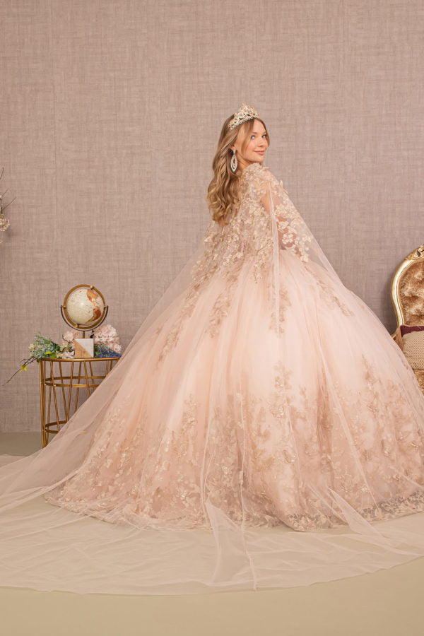strapless open back dress Jewel Mesh Quinceanera Gown w/ 3-D Butterfly Appliques and Long Mesh Capes by Elizabeth K