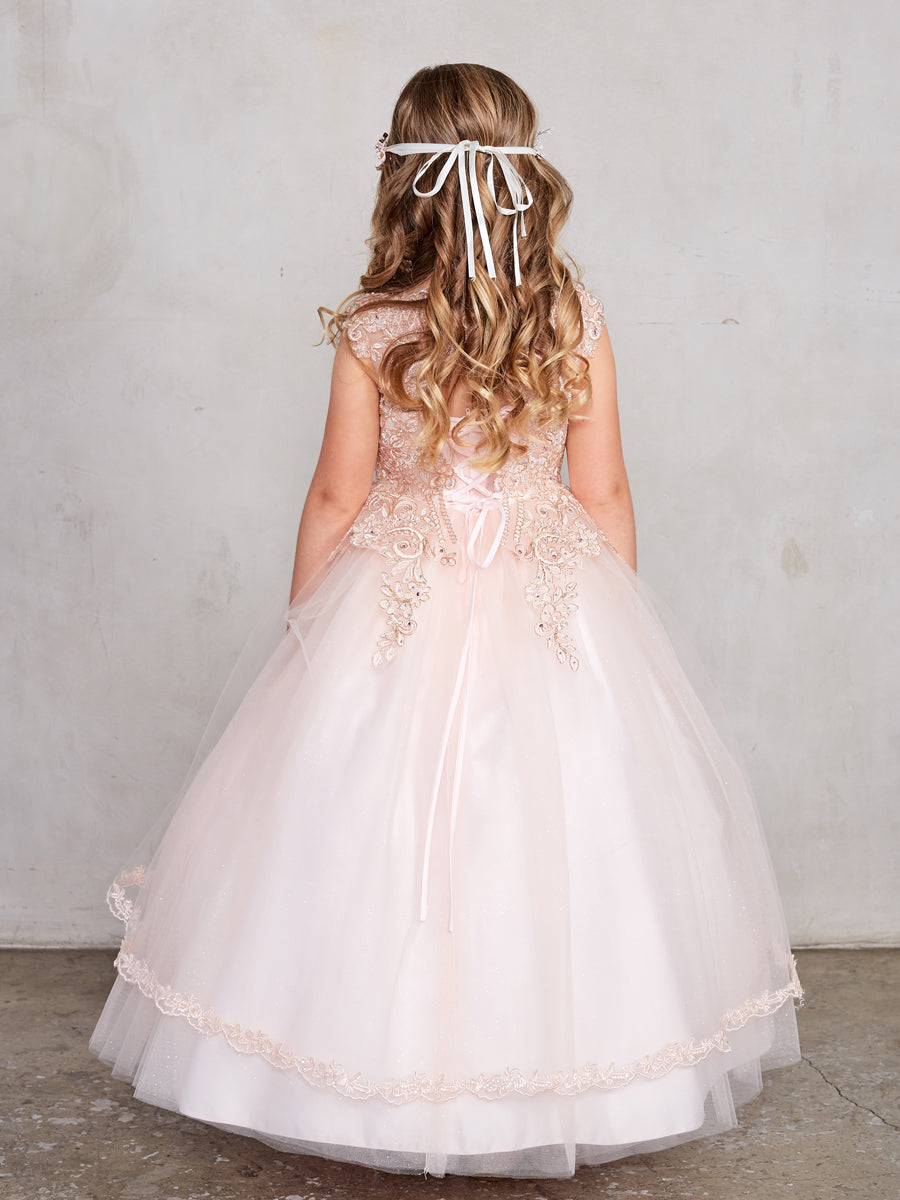 Rose Gold_1 Girl Dress with Metallic Corded Lace Bodice - AS7028