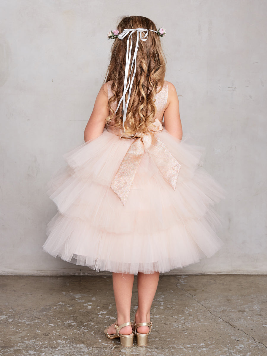 Rose Gold_1 Girl Dress with Metallic Glitter Bodice Tulle Skirt Dress - AS5790