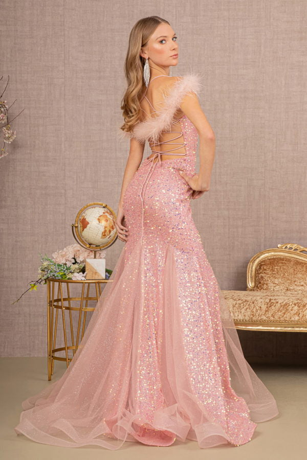 Rose Gold_1 Sheer Bodice Glitter Trumpet Dress GL3130 - Women Formal Dress - Special Occasion-Curves