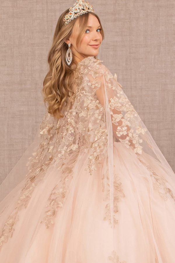 Jewel Mesh Quinceanera Gown w/ 3-D Butterfly Appliques and Long Mesh Capes by Elizabeth K