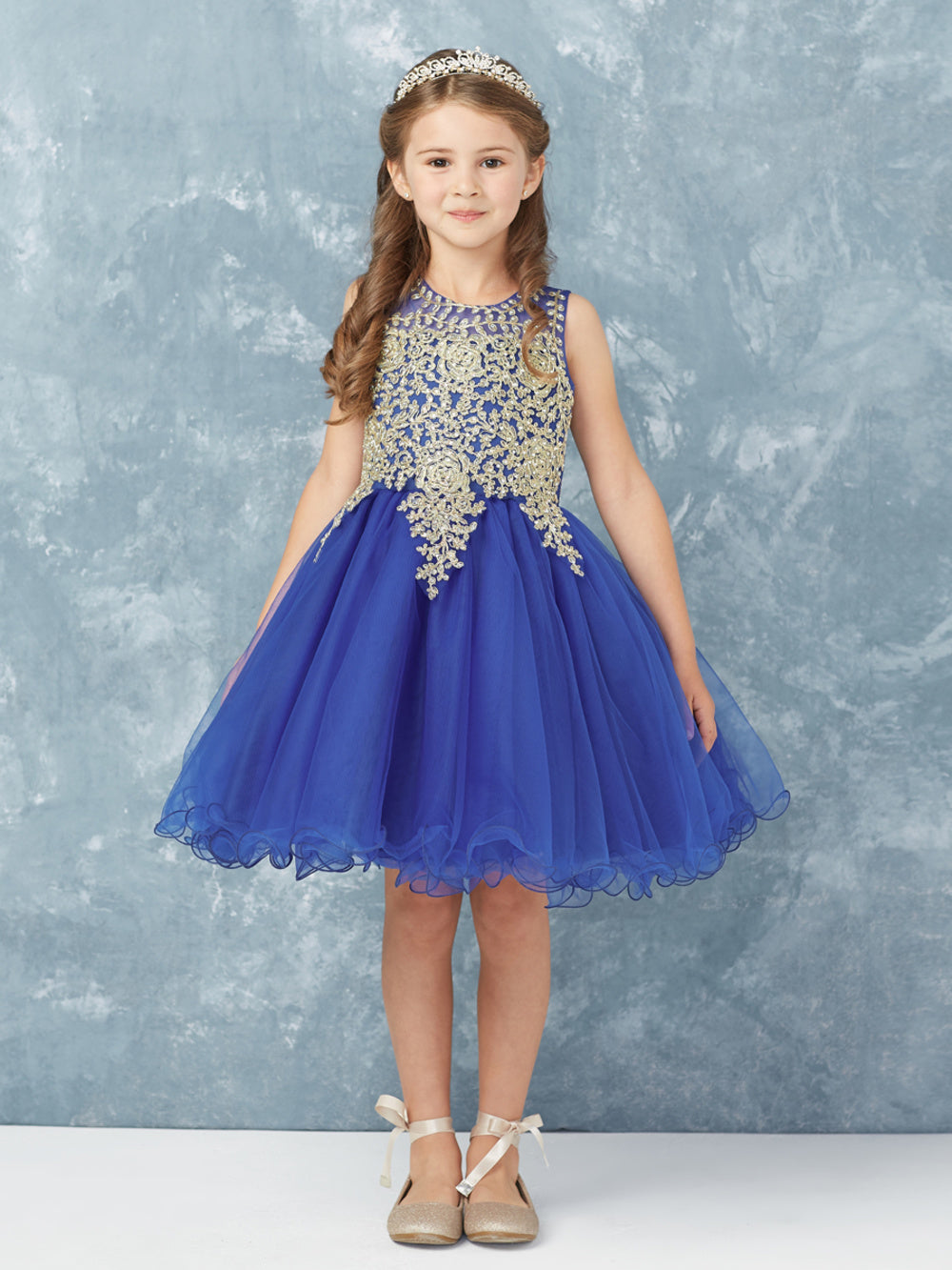 Short Flower Girl Dress with Gold Lace 7013 RB 12 / Royal Blue
