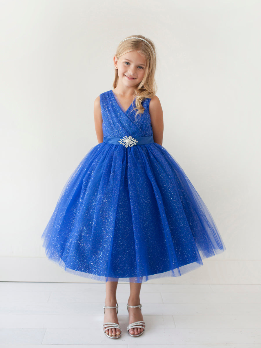 Royal Blue Girl Dress with Glitter V-Neck Tulle Dress - AS5698