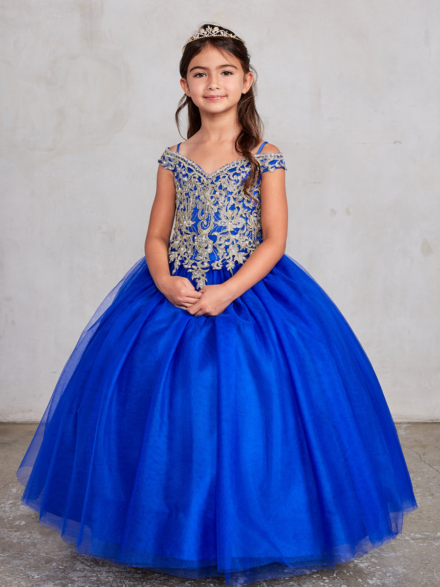 Royal Blue Girl Dress with Off-Shoulder Lace Bodice - AS7024