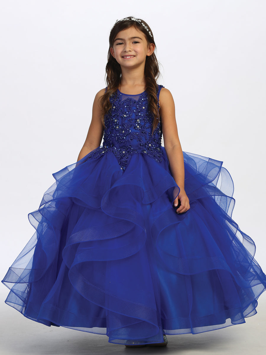 Royal Blue Girl Dress with Sleeveless Illusion Neckline Pageant Dress - AS7018