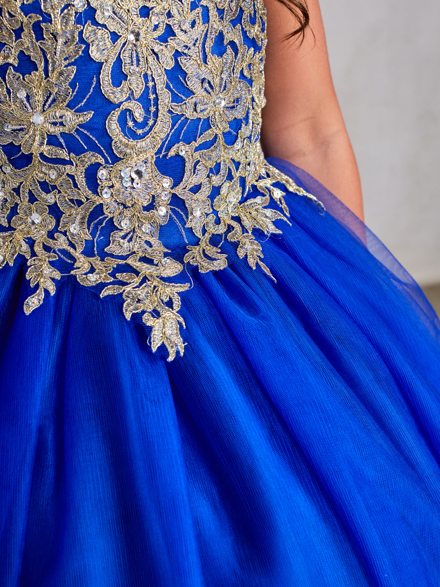 Royal Blue_3 Girl Dress with Off-Shoulder Lace Bodice - AS7024