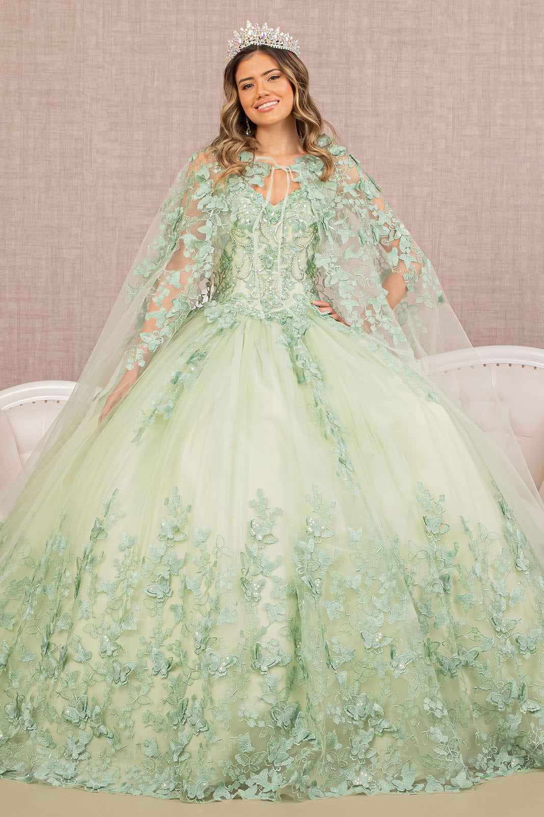 slim fit dress slacks Ball Gown Sage Green Tulle Quinceanera Dress With Butterflies main image 1