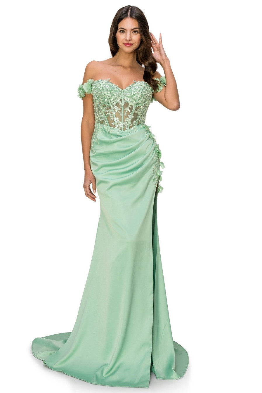 Sage Floral Off The Shoulder Gown AS8050J - Special Occasion-Curves