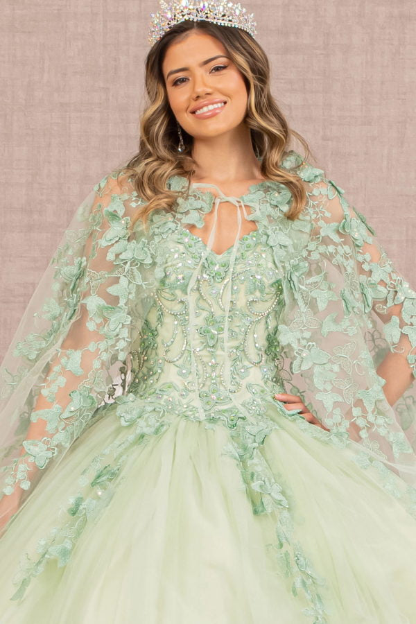Jewel Mesh Quinceanera Gown w/ 3-D Butterfly Appliques and Long Mesh Capes by Elizabeth K - GL3104 XS / Rose Gold