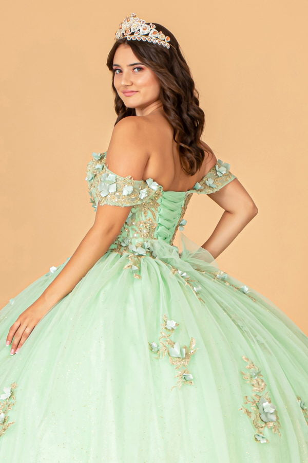 Off the Shoulder 3-D Flower Applique Sweetheart Neckline Mesh Quinceanera Ball Gown by Elizabeth K