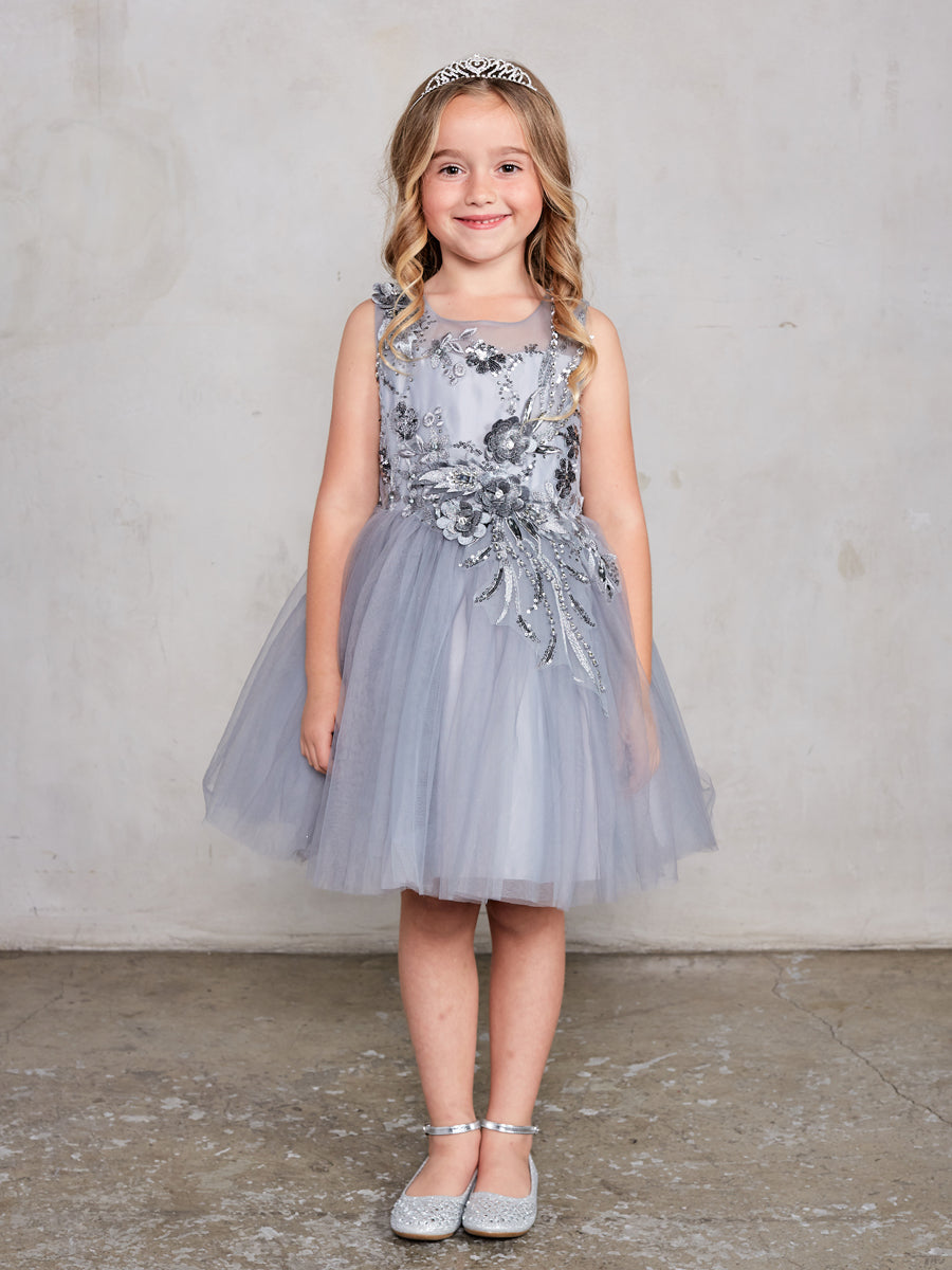 Silver Girl Dress with Flowers Rhinestone Bodice - AS7027
