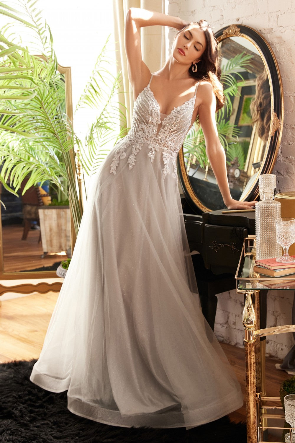 Glitter Floral Bodice Layered Tulle A-Line Gown By Ladivine CD874 - Wo Ariststyles Glitter Floral Bodice Layered Tulle A-Line Gown By Ladivine CD874 - Wo Ariststyles