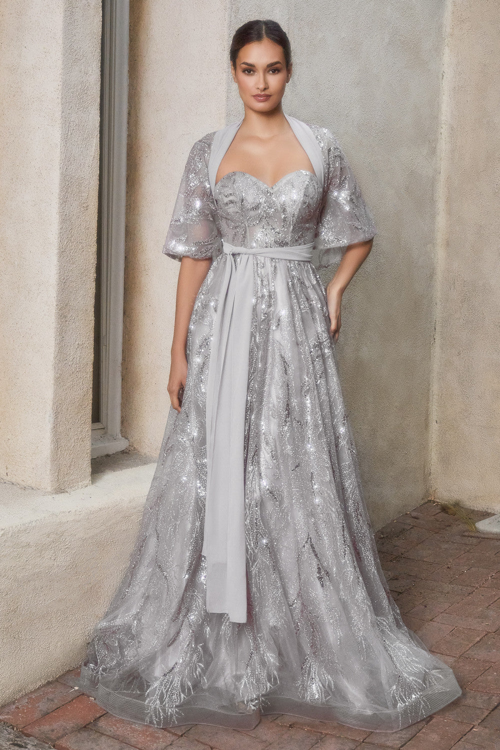 Silver Shimmer with Matching Shawl Ball Gown A1174 Penelope Gown - Special Occasion-Curves