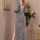 Silver_1 Puff Shoulder 3-4 Sleeves Feather Velvet Mermaid Dress - GL3122 - Special Occasion-Curves
