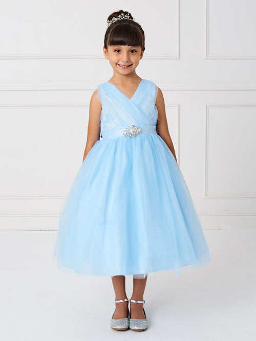 Sky Blue Girl Dress with Glitter V-Neck Tulle Dress - AS5698