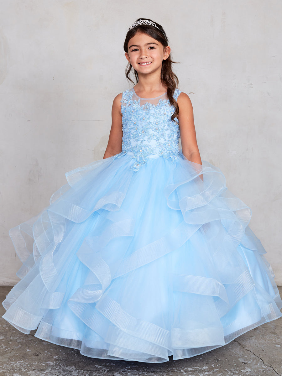 Sky Blue Girl Dress with Sleeveless Illusion Neckline Pageant Dress - AS7018