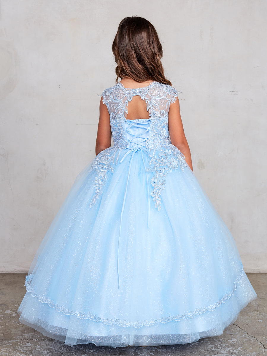 Sky Blue_1 Girl Dress with Metallic Corded Lace Bodice - AS7028