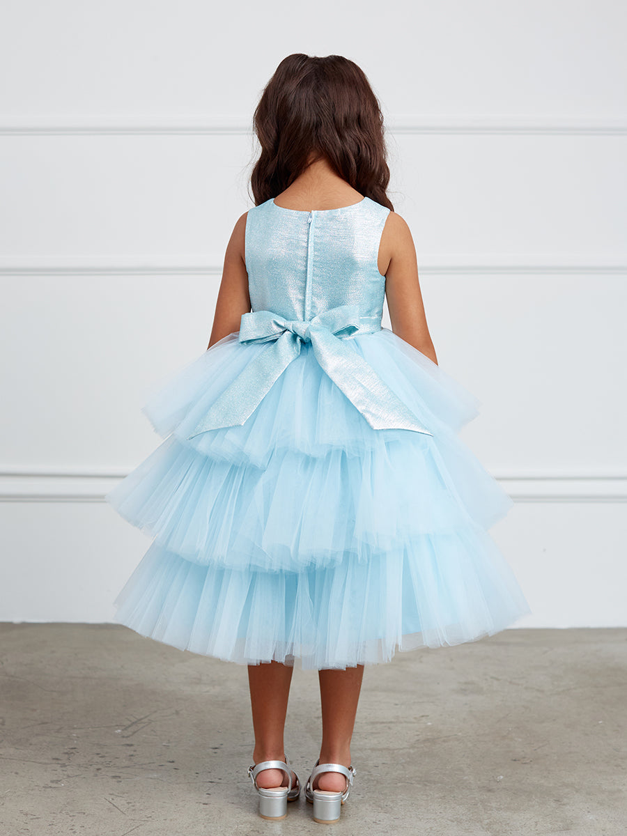 Sky Blue_1 Girl Dress with Metallic Glitter Bodice Tulle Skirt Dress - AS5790