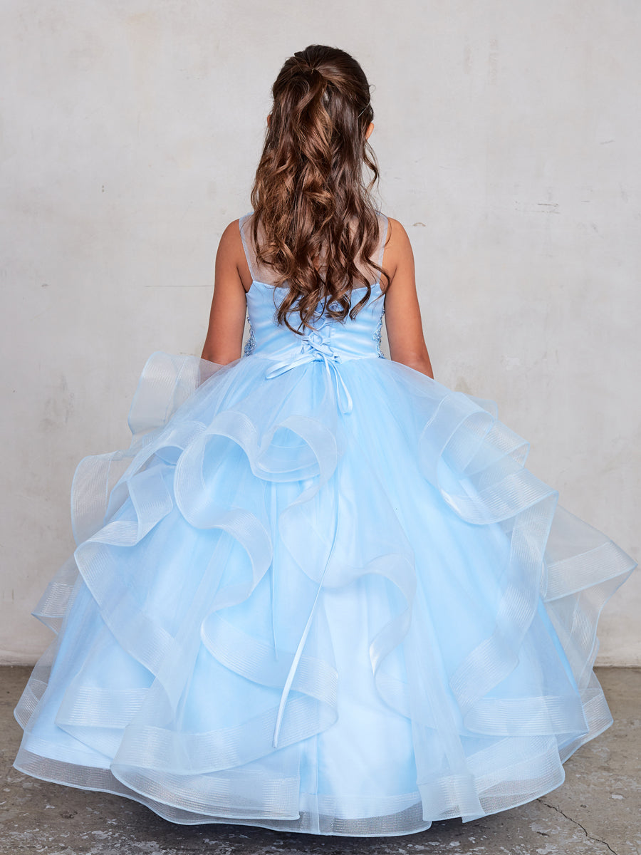 Sky Blue_1 Girl Dress with Sleeveless Illusion Neckline Pageant Dress - AS7018