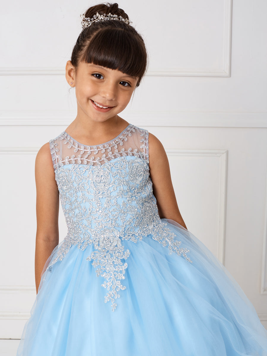 Sky Blue_2 Girl Dress with Floral Applique Bodice - AS7013