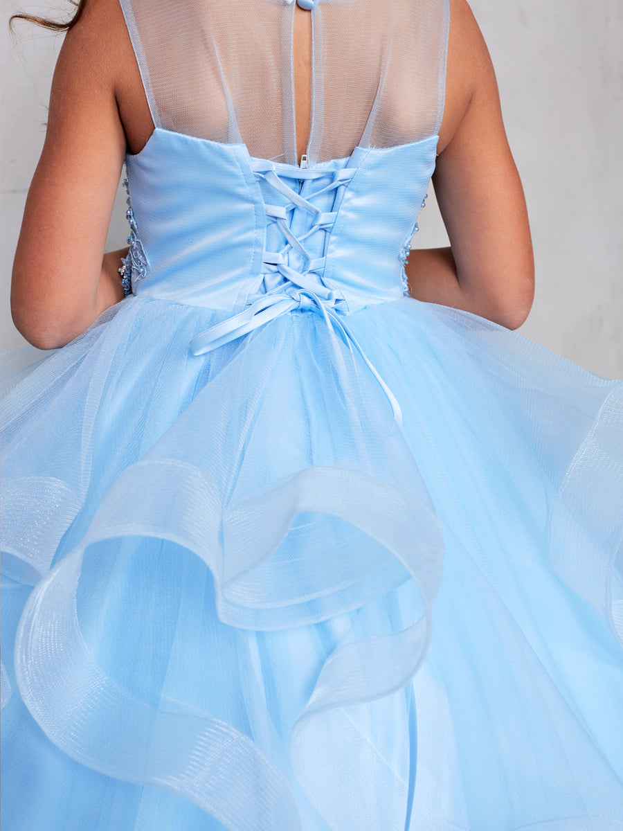 Sky Blue_2 Girl Dress with Sleeveless Illusion Neckline Pageant Dress - AS7018