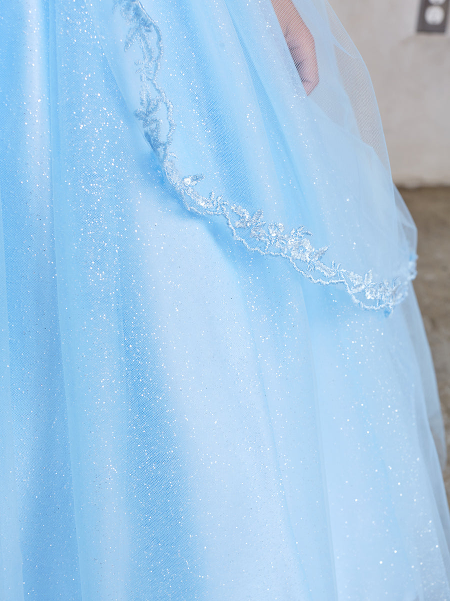 Sky Blue_3 Girl Dress with Metallic Corded Lace Bodice - AS7028
