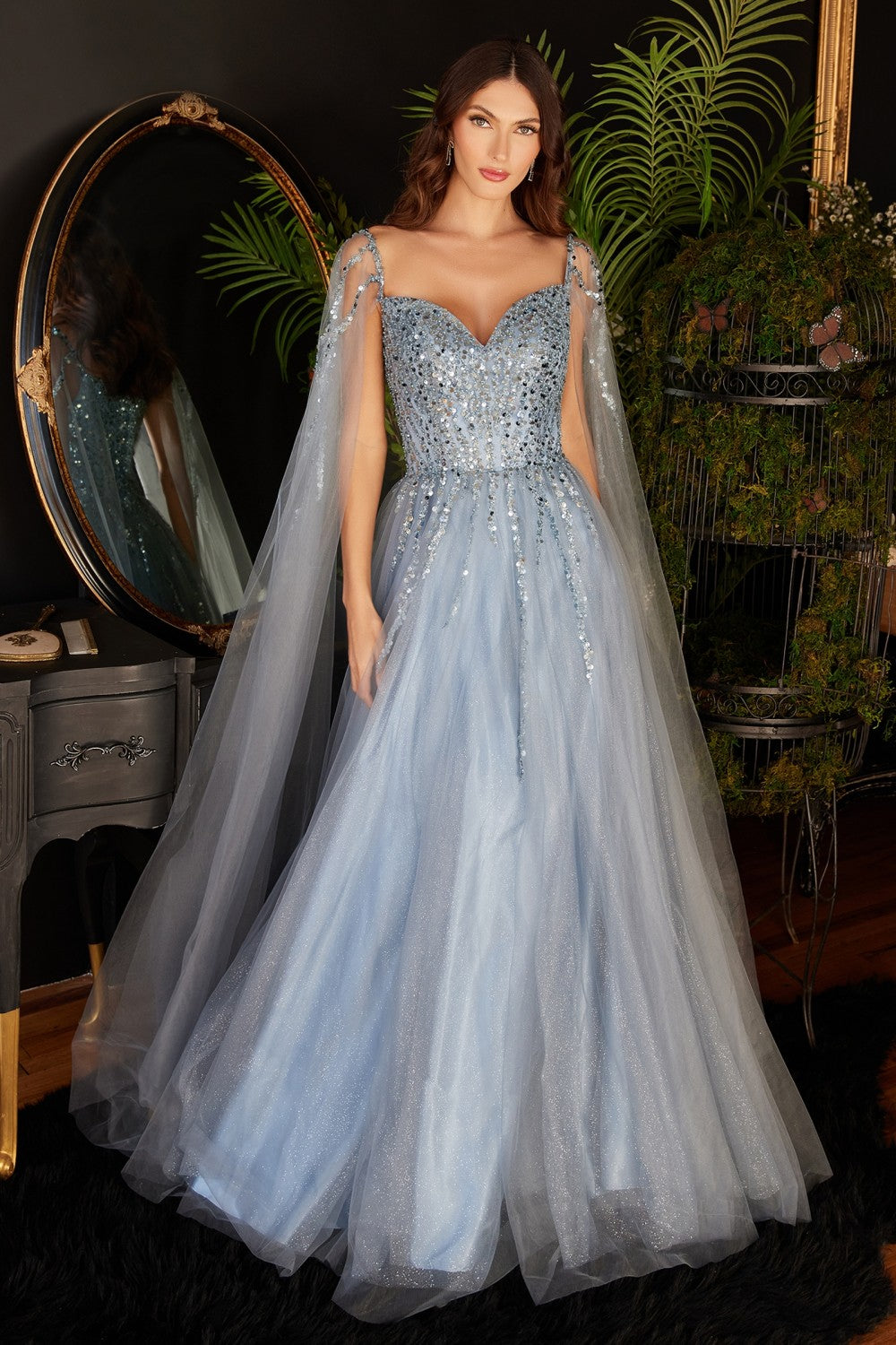 Smoky-blue A-Line with Cape Sleeves Gown CD0204 - Women Evening Formal Gown - Special Occasion-Curves