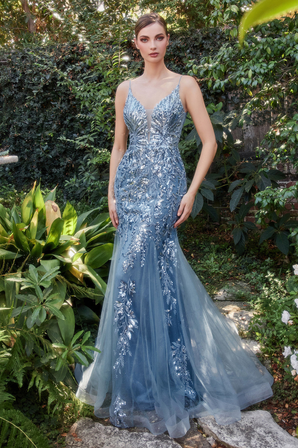 Smoky-blue Fitted Mermaid with Lace Applique Gown A1118 Penelope Gown - Special Occasion