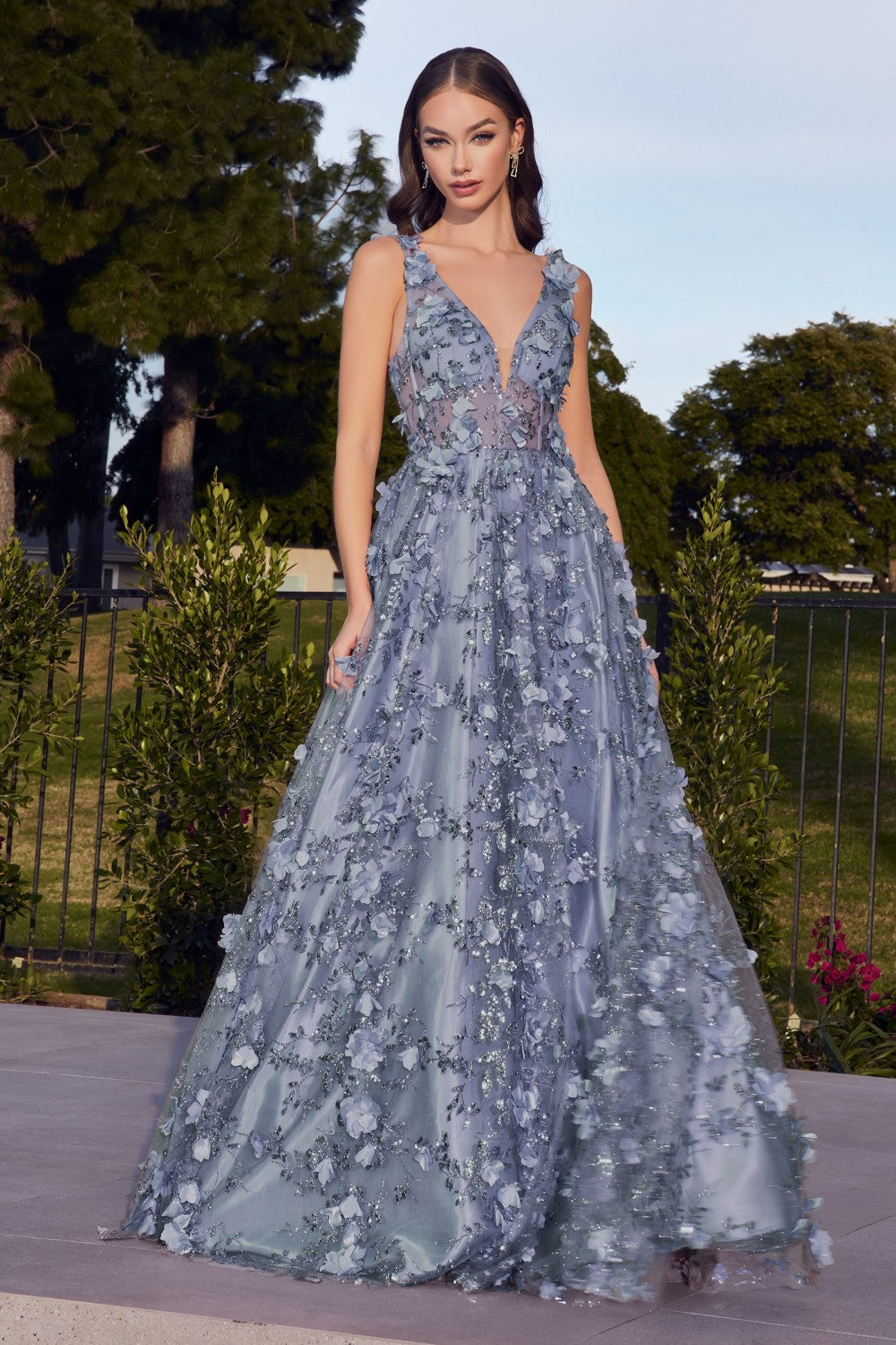 Smoky-blue Floral A-Line Ball Gown J838 - Women Evening Formal Gown - Special Occasion-Curves